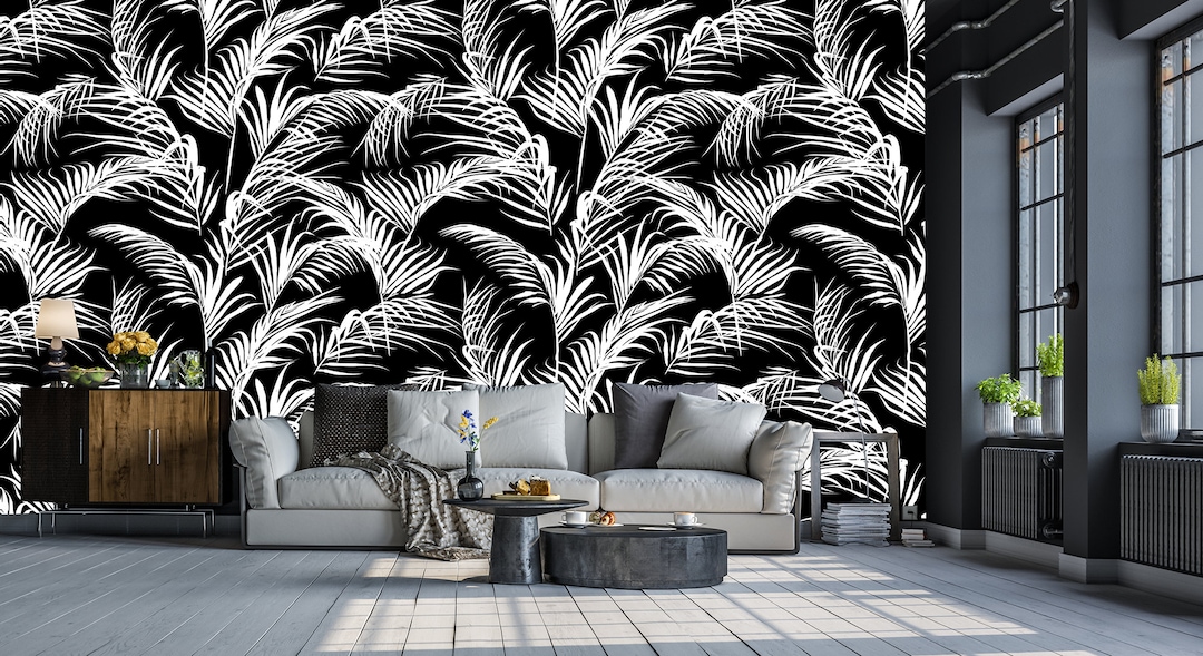 Black and White Palm Leaf Wallpaper | Tropical Peel & Stick Wall Mural ...