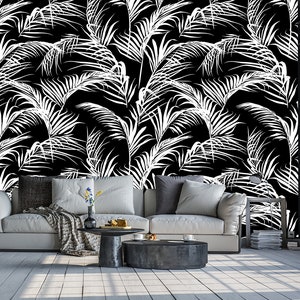 Palm leaf wallpaper black and white tropical wallpaper | self-adhesive, removable, peel & stick wall mural, wall decor