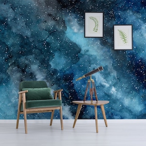 Watercolor cosmic wallpaper with stars and nebulas, self adhesive, peel and stick floral wall mural