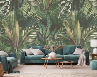 Watercolor jungle pattern wallpaper, green exotic plants mural | self-adhesive, removable, peel & stick wall mural