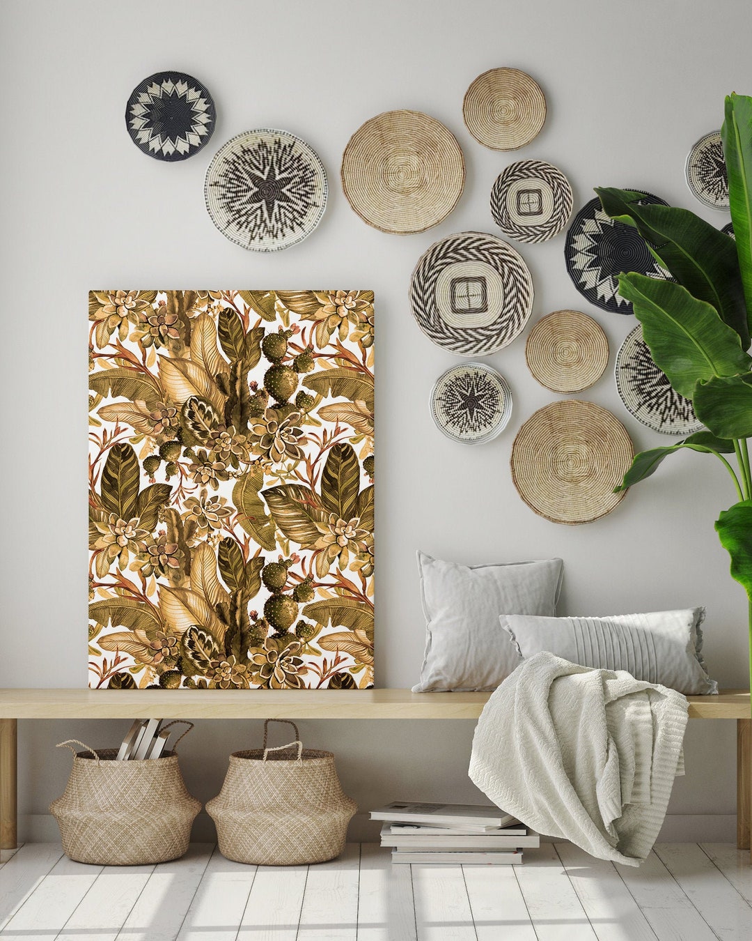 Botanical Canvas Print, Brown Flowers, Tropical Leaves, Modern Wall Art ...
