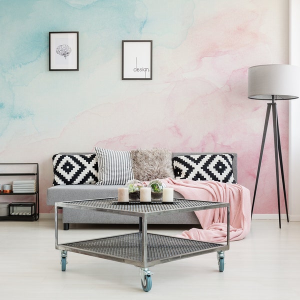 Pastel blue and pink watercolor abstract wallpaper, self adhesive, peel and stick wall mural