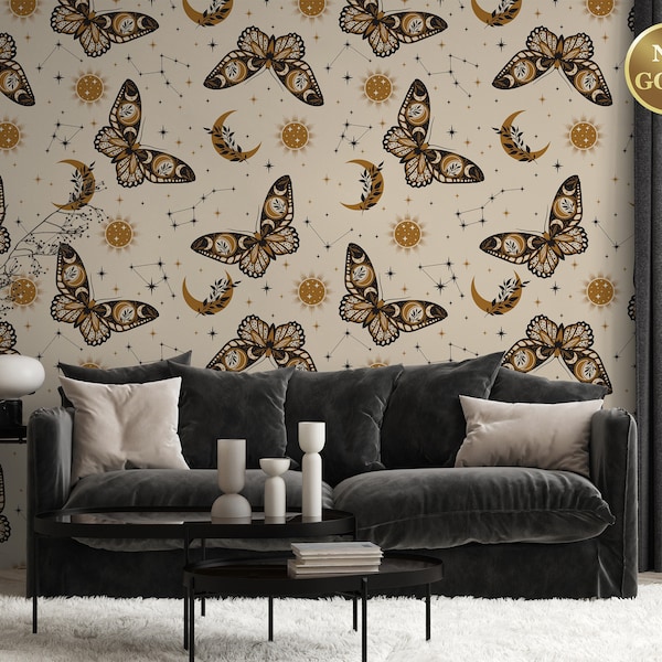 Butterfly Celestial Wallpaper, Beige Peel and Stick Vinyl