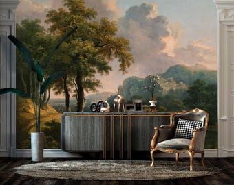 Papel de parede com paisagem fluvial, arte de parede vintage com paisagens, mural de parede com árvores e nuvens | Autoadesivo ou papel de vinil tradicional.