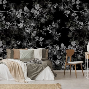 Black and white floral motive wallpaper self-adhesive, removable, peel and stick wall mural image 3