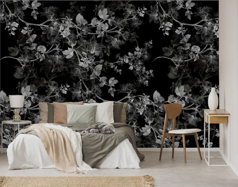 Black and white floral motive wallpaper self-adhesive, removable, peel and stick wall mural image 3