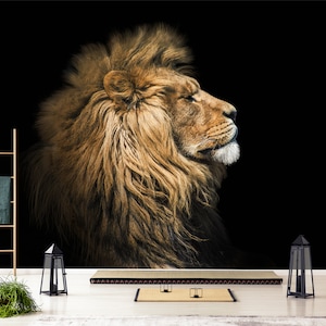 León en el fondo de pantalla negro / autoadhesivo, removible, mural de pared de cáscara y palo, decoración de pared