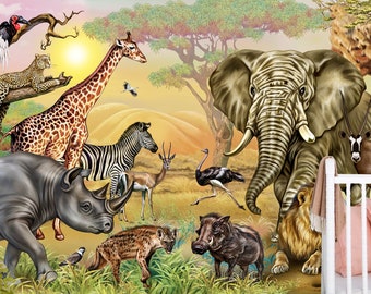 Ilustración tropical, naturaleza y animales papel pintado / autoadhesivo, extraíble, despegable y pegable, decoración de pared
