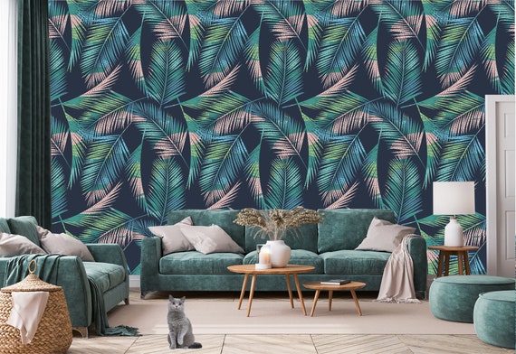 Fantasierijk spier Ik geloof Groen blauw en roze palmbladeren behang tropisch botanisch - Etsy Nederland