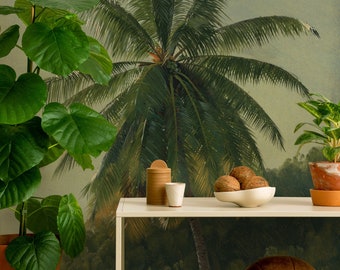 Groene palmboom behang, schilderij muurschildering | Peel and Stick (zelfklevend) of niet-klevend vinylpapier