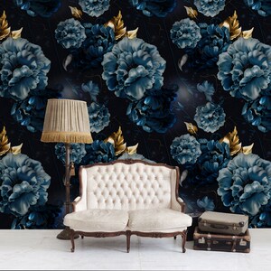 Dark Blue and Gold Matte Peony Mural Self-adhesive Wallpaper, Removable ...