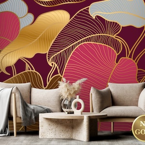 Carta da parati tropicale con foglie Viva Magenta rosa scuro, decorazione murale botanica rosa / stacca e incolla (autoadesiva) o carta vinilica non adesiva