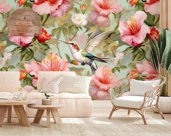 Papier peint Jardin floral et colibri, Papier peint floral, Imprimé floral | Papier autocollant (autocollant) ou vinyle non adhésif