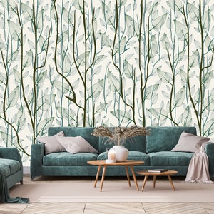 Thin delicate tree branch with leaves, floral pattern, wallpaper, beige background | self-adhesive, removable, peel & stick wall mural