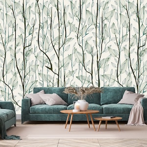 Thin delicate tree branch with leaves, floral pattern, wallpaper, beige background | self-adhesive, removable, peel & stick wall mural