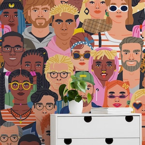 Abstrakte Menschen Wiederholbare Muster Wallpaper, Cartoon-Stil Kunst Wandbild | Abziehen und aufkleben (selbstklebend) oder nicht klebendes Vinylpapier