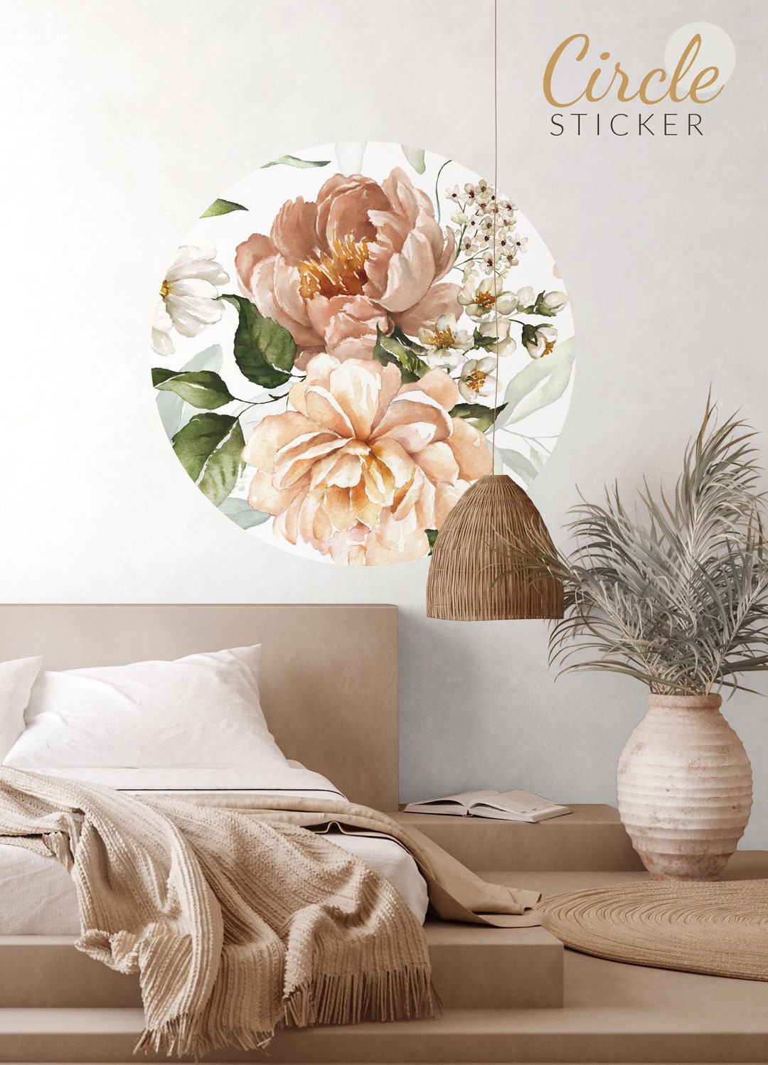 Peony Floral Wall Sticker, Circle Botanical Decal, Peel and Stick - Etsy