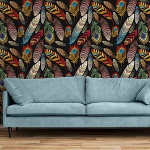 Wallpaper with colorful feathers, self adhesive, peel and stick floral wall mural