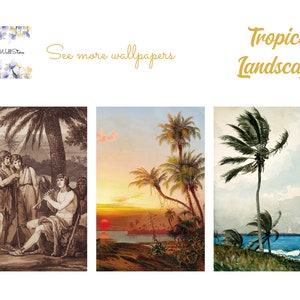 Puede incluir: Tres impresiones de arte digital que representan paisajes tropicales. La primera impresi&oacute;n muestra un grupo de hombres en un entorno de bosque con palmeras. La segunda impresi&oacute;n muestra una puesta de sol sobre una laguna tropical con palmeras. La tercera impresi&oacute;n muestra una palmera en una playa con un velero en la distancia.