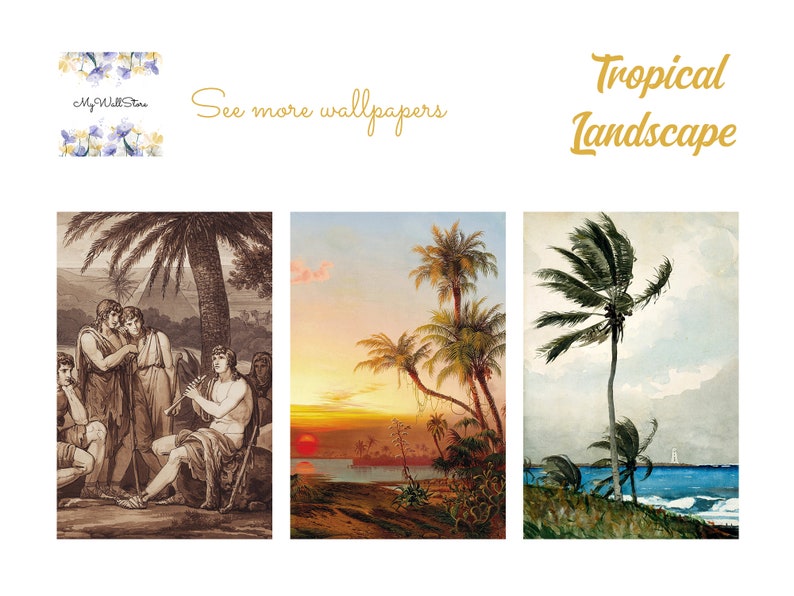 Puede incluir: Tres impresiones de arte digital que representan paisajes tropicales. La primera impresi&oacute;n muestra un grupo de hombres en un entorno de bosque con palmeras. La segunda impresi&oacute;n muestra una puesta de sol sobre una laguna tropical con palmeras. La tercera impresi&oacute;n muestra una palmera en una playa con un velero en la distancia.