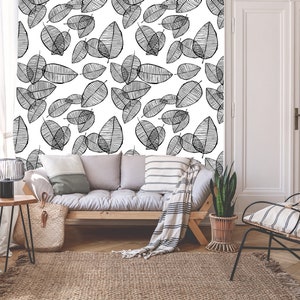 Carta da parati in bianco e nero, motivo a foglie, design scandinavo alla moda / carta da parati autoadesiva, rimovibile, stacca e incolla, decorazione da parete