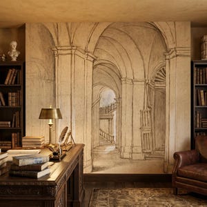 Carta da parati con schizzi di architettura antica, murale beige per interni, arte murale antica, decorazione per la casa, autoadesiva o in vinile tradizionale immagine 1