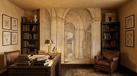 Antique Architecture Sketch Wallpaper, Beige Interior Mural, Ancient Wall Art, Home Decor, Peel and Stick or Traditional Vinyl