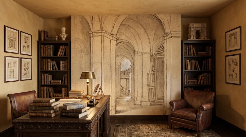 Carta da parati con schizzi di architettura antica, murale beige per interni, arte murale antica, decorazione per la casa, autoadesiva o in vinile tradizionale immagine 1