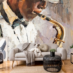 Jazz man playing music wallpaper | self-adhesive, removable, peel & stick wall mural, wall decor