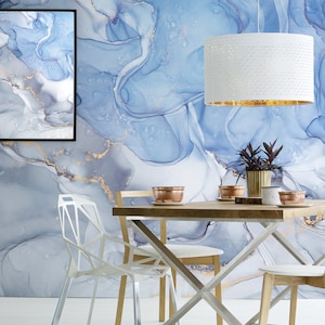 Blue and silver abstract wallpaper, self adhesive, peel and stick floral wall mural