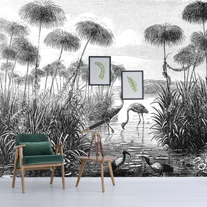 Black and white hand drawn tropical landscape and flamingo birds wallpaper | self-adhesive, removable, peel & stick wall mural, wall decor