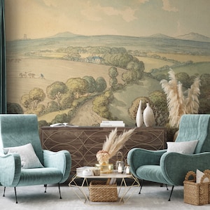Vintage rural landscape wallpaper | Peel and Stick (Self Adhesive) or Non Adhesive Vinyl Paper