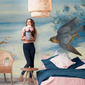 Winterlandschaft mit Vögeln Wallpaper, Vintage Malerei Wandbild | Abziehen und aufkleben (selbstklebend) oder nicht klebendes Vinylpapier