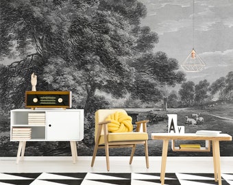 Black and White Landscape Wallpaper Mural, Scenic Peel and Stick