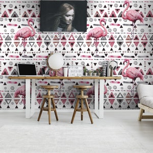 Colorful art triangle with flamingo wallpaper and beautiful abstract hand draw, Peel and stick-Wall decor-Self, Adhesive Wall Mural-Reusable