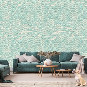 Wave hand drawn pattern, abstract vintage wallpaper in pastel colors, beige background | self-adhesive, removable, peel & stick wall mural