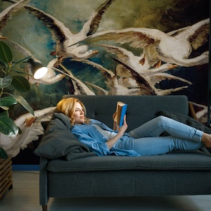 Gänse Fliegen Wallpaper, Vintage Malerei Wandbild | Schälen und aufkleben (selbstklebend) oder nicht klebendes Vinylpapier
