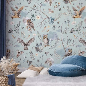 Owl watercolor wallpaper, abstract floral pattern, night bird* | Peel and Stick (Self Adhesive) or Non Adhesive Vinyl Paper