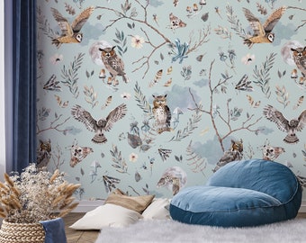 Watercolor Owl Wallpaper, Abstract Floral, Peel and Stick Vinyl