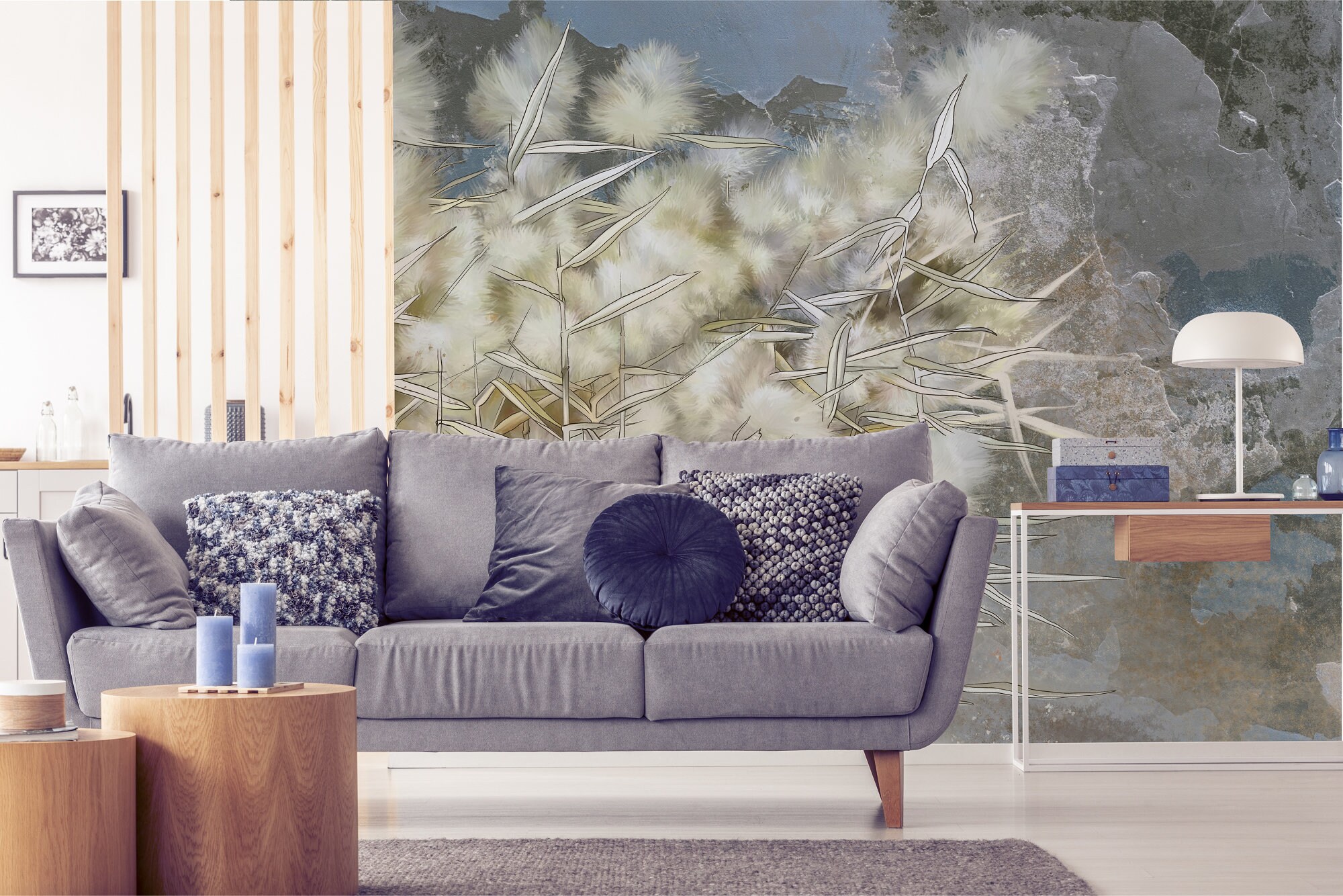 Wallpaper With Reed Painted on a Grunge Concrete Wall | Self-adhesive ...