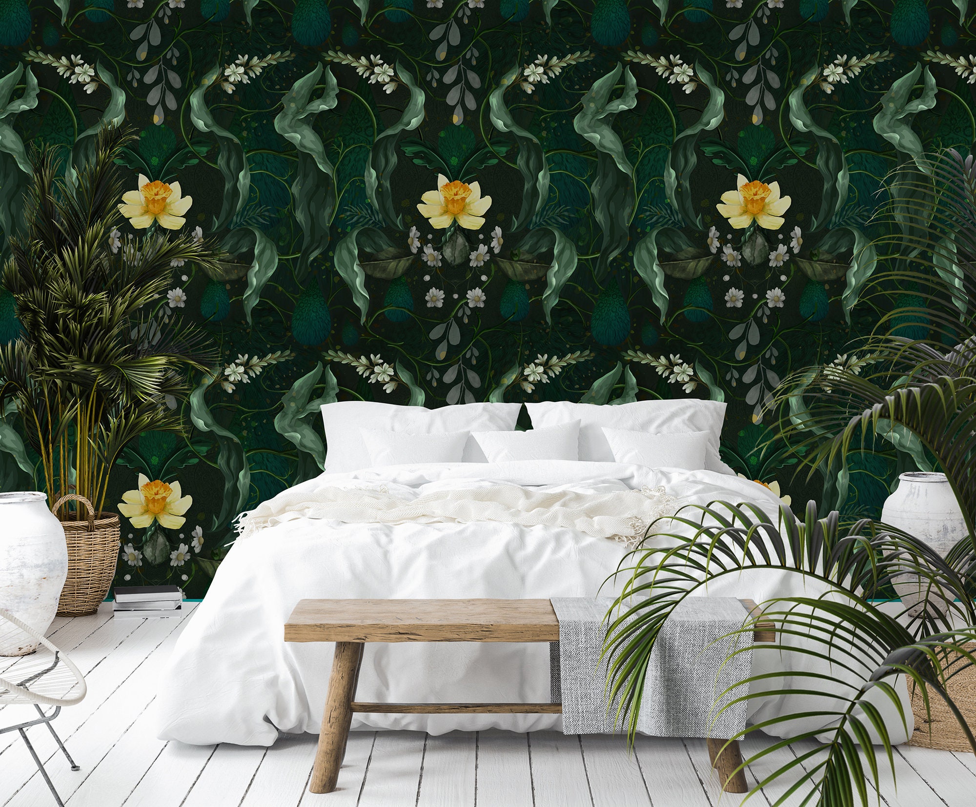 Emerald Green Floral Wallpaper Mural, Peel and Stick Removable - Etsy