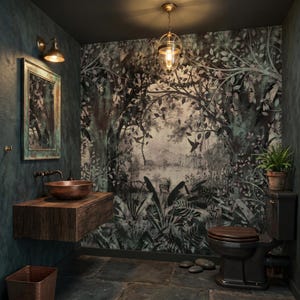Vintage Magical Forest Wallpaper Mural, Birds, Dark Botanical Wall Art, Home Decor, Peel & Stick