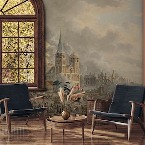 Old painting landscape wallpaper, scenic wall mural | Peel and Stick (Self Adhesive) or Non Adhesive Vinyl Paper