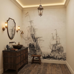 Vintage Marine Wallpaper, Ships and Sea Wall Mural, Nautical Home Decor, Peel and Stick or  Traditional Vinyl