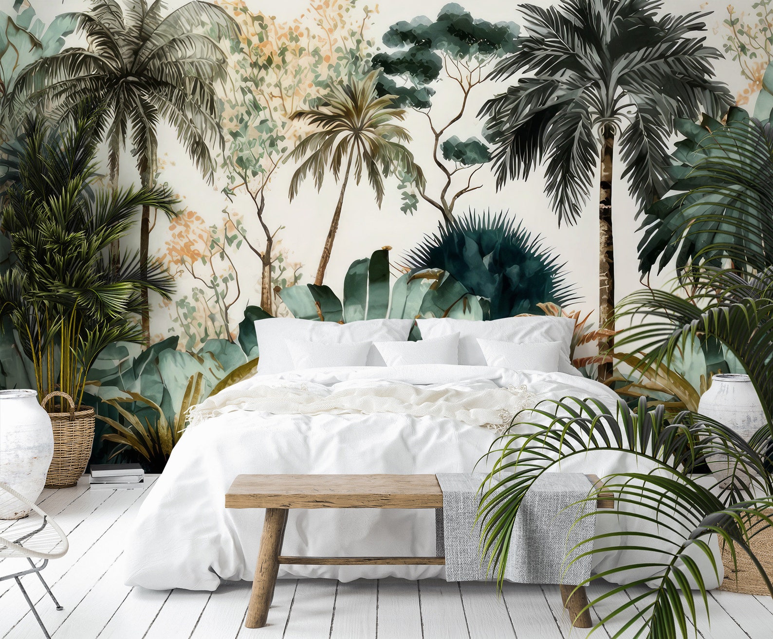 Tropical Jungle Watercolor Wallpaper, Palm Trees Abstract Wall Mural