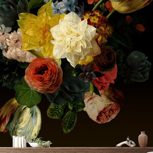 May include: A vintage still life painting of a bouquet of colorful flowers, including tulips, roses, and hyacinths, against a dark background.