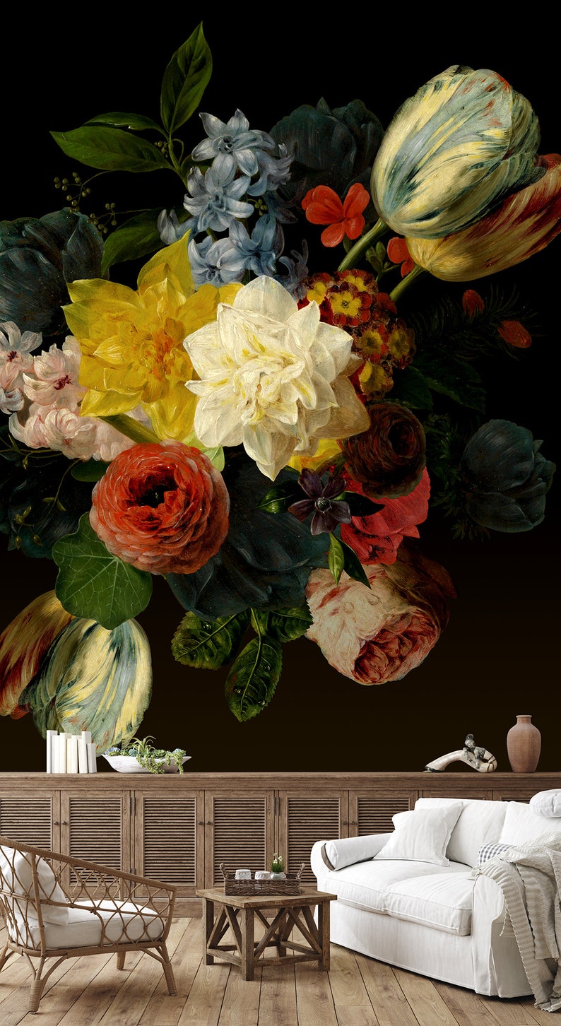 May include: A vintage still life painting of a bouquet of colorful flowers, including tulips, roses, and hyacinths, against a dark background.