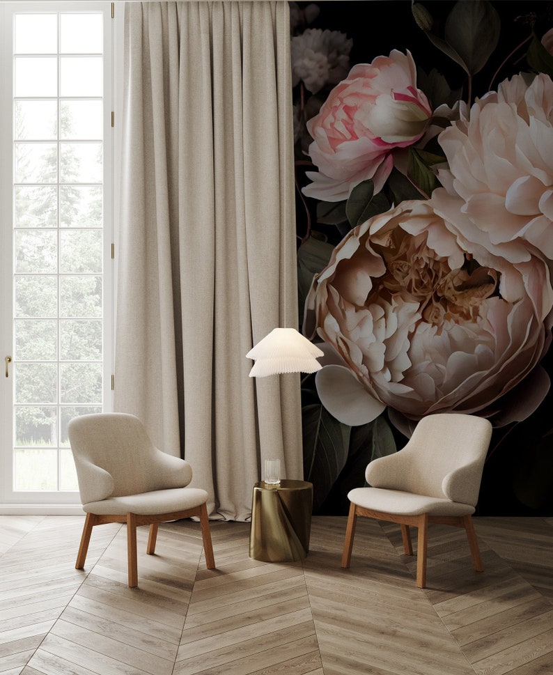 Dark Floral Peony Wallpaper, Abstract Bouquet Wall Mural, Peel and ...