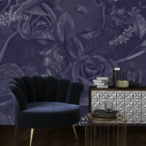 Dark blue rose mural, big flowers wallpaper* | self-adhesive wallpaper, removable, peel and stick wall mural, wall decor