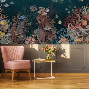 Dunkle Unterwasserwelt Tapete, Korallenriff und Fische Meerestapete | Schälen und aufkleben (selbstklebend) oder nicht klebendes Vinylpapier
